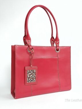 Tannery West Red Vegan Leather Laptop Tote with Leopard Accent